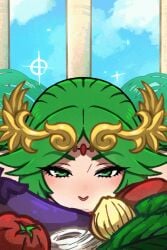 1girls akairiot animated blue_sky breasts carrot cloud cloudy_sky commentary eggplant english_commentary fellatio female forehead_jewel green_eyes green_hair kid_icarus large_breasts laurel_crown looking_at_viewer no_sound onion oral palutena sexually_suggestive simulated_fellatio sky solo stone_pillar tagme tomato video