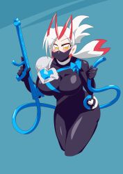 ace_ukiyo bodysuit breasts covered_mouth face_mask genderswap kamen_rider kamen_rider_geats kamen_rider_geats_(series) otokam1117 tagme thighs tokusatsu water_gun weapon white_hair