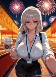 1girl 2026 ai_generated anime bangs black_skirt blue_eyes blush boobs bra_visible_through_clothes bralines breasts brown_pantyhose cleavage coffee_cup collarbone collared_shirt crossover cup disposable_cup dress_shirt eye_contact female female_focus fireworks flushed grey_hair grin hair_between_eyes hair_over_shoulder highres holding huge_breasts id_card lanyard large_breasts long_hair looking_at_viewer mature_female night nsfw office_lady outdoors pantyhose patreon patreon_logo patreon_username pencil_skirt rognezart see-through shirt skirt sky sleeves_rolled_up smile smiling solo stockings uzaki-chan_wa_asobitai! uzaki_tsuki very_long_hair white_shirt