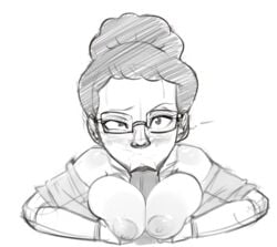 1boy :>= big_breasts blush breasts eyewear fellatio female glasses hair_bun inverted_nipples king_of_the_hill lips lipstick megane milf monochrome nipples oral outercourse paizuri peggy_hill penis pov puffy_areola sketch veiny_penis