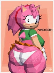 ai-created ai_art ai_generated amy_rose blush blushing classic_amy_rose dilated_pupils large_ass looking_at_viewer looking_back low_poly pink_skin robotgirlfanatic263 short_skirt shortstack sonic_(series) sonic_the_hedgehog_(series) squiggle_mouth upskirt