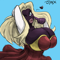 1girls anthro anthrofied arm_up armpits big_breasts big_lips blonde_hair carmessi cleavage drbigt dress eye_contact game_freak heart heart_symbol huge_breasts jynx lipstick long_hair looking_at_viewer nintendo pink_lipstick pokemon pokemon_(species) pokemon_rgby red_dress sketch solo text thick_lips watermark wink