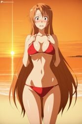 1girl ai_generated ass_visible_through_thighs beach bikini blush breasts brown_eyes brown_hair cleavage covered_nipples cowboy_shot digitalwaifugallery hi_res high_quality high_resolution large_breasts long_hair looking_at_viewer navel o-ring o-ring_bikini o-ring_bottom ocean open_mouth outdoors patreon red_bikini seductive sexy sky solo standing sun sunset swimsuit sword_art_online thigh_gap uncensored underboob very_long_hair water watermark yuuki_asuna