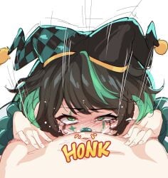 1boy 1girl amo_aster black_hair blush clown_nose cum cum_in_mouth cum_on_body cum_overflow deepthroat eyebrows_visible_through_hair facial fellatio green_eyes green_hair hat hetero highres indie_virtual_youtuber indoors jester jester_cap light-skinned_female light-skinned_male light_skin male_pov multicolored_hair nose_blush oral pov ricegnat simple_background solo_focus streaked_hair white_background