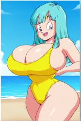 ai_generated anime beach dragon_ball_z female huge_breasts maron thick_thighs yellow_swimsuit