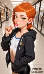 aged_up ai_generated ben_10 blush casual crop_top eating exposed_torso green_eyes gwen_tennyson hoodie leggings licking lolipop looking_at_viewer lycra mature_female mature_woman middrif navel paid_reward_available patreon petite petite_body petite_female red_hair sebassart sexy solo spandex_shorts sweat tight_clothing