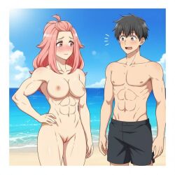 1boy 1girls abs ai_generated beach big_breasts black_eyes black_hair blush blushing breasts clothed clothed/nude clothed_male clothed_male_nude_female completely_naked completely_naked_female completely_nude completely_nude_female couple cute embarrassed embarrassed_female embarrassed_nude_female etra-chan_saw! female hand_on_hip hourglass_figure hourglass_figured_female kuroki_(etra-chan_saw!) male male/female muscles muscular muscular_female muscular_male naked naked_female nipples nude nude_edit nude_female nude_filter part_of_a_set perfect_body pink_eyes pink_hair pussy sand surprised surprised_expression sweat sweatdrop swimming_trunks swimsuit swimwear vagina water wholesome wholesome_nudity youtube yuri_(etra-chan_saw!)