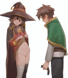 1boy 1girl :i absurdres bandaged_leg bandages bar_censor belt_collar black_choker black_pants black_thighhighs bottomless brown_cape brown_hair brown_hat cape censored choker cleft_of_venus clothes_lift collar commentary dress dress_lift fingerless_gloves gloves gold_trim green_cape hat hetero highres holding holding_panties holding_underwear holding_unworn_clothes kono_subarashii_sekai_ni_shukufuku_wo! lifting_own_clothes megumin mosaic_censoring navel no_panties panties pants petite presenting_pussy pussy red_dress satou_kazuma short_hair simple_background single_thighhigh skirt_lift sway_back sweat thighhighs toxic_(toxicv) tunic underwear unworn_panties white_background white_tunic witch_hat