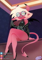 1girls artist_name black_eyes crossed_legs demon demon_girl demon_horns demon_tail demon_wings edonova eyewear female female_only fishnet fishnet_clothing fishnets footwear glasses heels helluva_boss high_heels horns jacket legs legs_crossed open_jacket pink_body pink_skin smile solo solo_female sparkles_j tail teeth thick_thighs thighs white_hair wings yellow_sclera zipper zipper_pull_tab