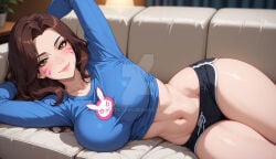 1girl ai_generated arms_behind_head arms_up artist_name artist_request bangs bed black_shorts blue_shirt blue_sweater blush breasts brown_eyes brown_hair closed_mouth clothing collarbone couch crop_top cropped_shirt d.va dolphin_shorts facial_mark female female_only indoors large_breasts linea_alba long_hair long_sleeves looking_at_viewer lying midriff navel on_back on_bed on_couch on_side overwatch patreon_logo patreon_username pillow rabbit_print shirt short_shorts shorts smile solo stomach sweater thighs web_address whisker_markings