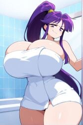 ai_generated anime bathroom eiken female huge_breasts kirika_misono thick_thighs towel towel_only
