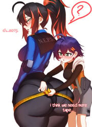 2girls ass belle_(zenless_zone_zero) big_ass female female_focus female_only huge_ass large_ass light-skinned_female light_skin looking_back measurements measuring measuring_ass onepen policewoman text thick_thighs thighs wide_hips zenless_zone_zero zhu_yuan