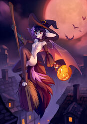 2017 4_toes 5_fingers ambient_bat anthro areola backless_gloves bat bat_wings big_ears black_nose breasts broom broom_riding chest_tuft clothing detailed_background digital_media_(artwork) female fingerless_gloves flying gloves hair halloween hat holidays legwear looking_at_viewer magic_user mammal membranous_wings moon navel night nipples outside pink_nipples purple_hair pussy red_eyes skinny slit_pupils small_breasts smile solo thigh_highs toes tomatocoup tuft wings witch witch_hat