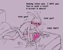 1cuntboy 1cuntboy1male 2boys ahe_gao ahegao belly_bulge blush caine_(the_amazing_digital_circus) cuntboy cuntboy/male degradation_kink english_text grabbing_sheets heart-shaped_pupils jax_(the_amazing_digital_circus) male_only male_penetrating_male moaning on_bed rolling_eyes size_difference spread_legs sweat the_amazing_digital_circus vaginal_insertion vaginal_penetration vaginal_sex veiny_penis