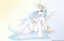 alicorn anthro breasts equine friendship_is_magic hooves horn mammal my_little_pony nipples pink_eyes princess_celestia_(mlp) pussy queenbloodysky simple_background sitting smile white_background wings