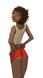 1female ass_peek ass_peeking_out_of_shorts brown_skin filth_(artist) solo_female solo_focus suggestive