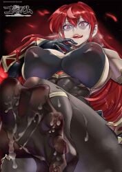 abs black_pantyhose breasts covered_nipples cum cum_on_body cum_on_feet cum_on_legs cum_on_legwear dark_background from_below gauntlets highres huge_breasts inverted_nipples long_hair looking_at_viewer mary_landorott official_art pantyhose red_eyes red_hair spread_toes tensei_colosseum:_saijaku_skill_de_saikyou_no_onna-tachi_wo_kouryaku_shite_dorei_harem_tsukurimasu toes tongue tongue_out very_long_hair zunta