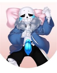 1boy animated_skeleton artist_name blue_blush blue_penis blush bodegablanca clothed ectopenis magic male male_only monster penis penis_out pillow sans simple_background skeleton solo solo_male undead undertale watermark