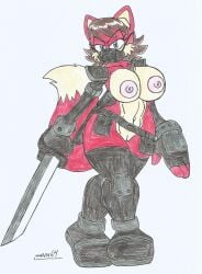 armor_plates beige_fur big_breasts big_hips blue_eyes brown_hair fiona_fox marlon64 mobian_fox naked_belt naked_boobs naked_female naked_gloves ninja ninja_girl ninja_mask red_body red_fur short_sword solo_female sonic_the_hedgehog_(archie) traditional_drawing_(artwork) white_background