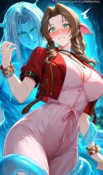 aerith_gainsborough ai_generated big_breasts blue_slime blushing_female bracalets braided_hair brown_hair cavern choker cleavage cleavage_dress goth_maniac gothmaniac grappling green_eyes hair_bow long_hair pink_dress red_jacket sephiroth slime_boy slime_monster slime_on_arm slime_on_leg surprised_expression turquoise_eyes