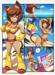 2girls anthro ass big_breasts breasts english_text felox08 female female_focus gameoverse gobbles_(gameoverse) huge_ass huge_breasts kit_(gameoverse) large_ass large_breasts miss_information_(gameoverse) speech_bubble text thick_thighs thighs wide_hips