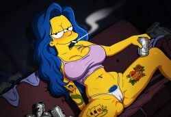 1girls absurd_res absurdres ai_assisted ai_generated beer beer_can blue_hair breasts busty cleavage couch female high_resolution highres large_breasts long_hair marge_simpson mature_female messy_room pubic_hair pubic_hair_peek raleu10 slim_waist smoking smoking_cigarette smug sofa solo solo_female solo_focus tank_top tattoo tattoo_on_arm tattoo_on_chest tattoo_on_legs the_simpsons thick_ass thick_thighs thong trash wide_hips yellow_body yellow_skin