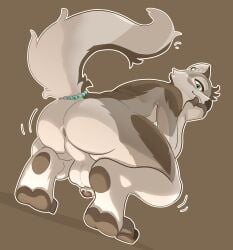 absurd_res anthro anus ass backsack balls big_butt blue_eyes brown_background brown_body brown_fur brown_glans brown_pawpads canid canine canis crouching dutch_angle ear_piercing elias_vendarien fingerless_(marking) flaccid fluffy fluffy_tail foreskin fur galileogb_(artist) gauged_ear genitals glans grey_body grey_fur hi_res humanoid_genitalia humanoid_penis looking_at_viewer looking_back looking_down male mammal partially_retracted_foreskin pawpads penis perineum piercing pink_anus pupils rear_view simple_background smile solo tail white_balls white_body white_fur white_penis white_perineum wolf