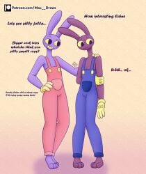3_toes absurd_res anthro arm_grab clothed clothing dialogue duo english_text evil_jax_(the_amazing_digital_circus) feet femboy gay glitch_productions hand_on_hip hand_on_shoulder hi_res jax_(tadc) jax_(the_amazing_digital_circus) lagomorph leporid male mammal max_draws patreon rabbit shy simple_background smug standing suggestive_dialogue text the_amazing_digital_circus toes url