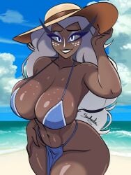arm_up artsyosha16193 beach beach_hat beautiful_body big_ass big_breasts bikini bikini_top blue_bikini blue_bikini_top child_bearing_hips cloud clouds dark-skinned_female freckles freckles_on_face hand_on_hip hat hazbin_hotel huge_breasts looking_at_viewer perfect_body perfect_boobs perfect_legs pornstar_body sand sea sera_(hazbin_hotel) smile smile_at_viewer thick_thighs tummy vivienne_medrano vivziepop voluptuous voluptuous_female white_freckles white_hair