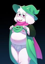 2025 absurd_res anthro badcat belly black_background blush blush_lines bodily_fluids bovid briefs bulge caprine clothed clothing deltarune detailed_bulge digital_media_(artwork) eyebrows eyewear flesh_fang floppy_ears front_view fur glasses goat gradient_background green_clothing green_eyewear green_glasses green_hat green_headwear green_robe hat headgear headwear hi_res kemono looking_at_viewer male mammal moobs navel nipples open_mouth open_smile outie_navel overweight overweight_anthro overweight_male partially_clothed pink_eyes pink_nipples pink_scarf pink_tongue portrait presenting pupils ralsei robe robe_lift round_glasses scarf shaded simple_background smile soft_shading solo standing sweat sweatdrop textless thick_thighs three-quarter_portrait three-quarter_view tongue undertale_(series) underwear wearing_glasses white_body white_briefs white_clothing white_fur white_underwear