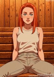 ai_generated atom_eve bangs bare_arms bare_shoulders belt blush breasts closed_mouth clothing collarbone denim female female female_only freckles green_eyes indoors invincible invincible_(comics) invincible_(tv_series) jeans jousneystudio lips long_hair looking_at_viewer medium_breasts orange_hair pants red_hair shirt sitting sleeveless sleeveless_shirt solo spread_legs sweat tank_top thick_eyebrows white_shirt
