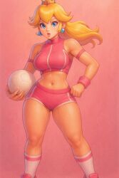 1girls ball big_breasts blonde_hair blue_eyes breasts busty crown earrings female female_only hand_on_hip hi_res jewelry large_breasts legs looking_at_viewer midriff nintendo pink_lipstick ponytail pose posing princess_peach shoes shorts sneakers soccer soccer_ball socks solo sportswear super_smash_bros. thighs toned voluptuous