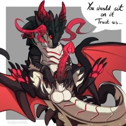 1:1 animal_genitalia balls black_claws black_penis black_sclera blizzard_entertainment bodily_fluids claws dialogue dinkysaurus dracthyr dragon english_text erection european_mythology feral flared_penis genital_fluids genitals hi_res long_penis male male_feral mythological_creature mythological_scalie mythology nubbed_penis pawpads penis precum red_eyes red_pawpads red_penis redshift_(dinkysaurus) scales scalie sheath solo teeth text ventral_scales warcraft western_dragon white_body white_scales