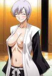 1girls 2025 ai_generated big_breasts bleach blush breasts breasts_out carnivalecloudmuncher closed_eyes female female_only genderswap_(mtf) grey_hair haori ichimaru_gin japanese_clothes light-skinned_female navel nipples rule_63 self_upload short_hair smile solo tagme
