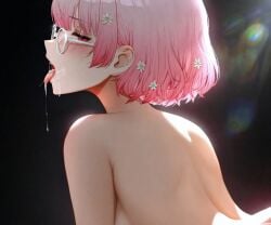 1girls ai_generated bare_back blush breasts cum cum_in_mouth female glasses hi_res highres hololive hololive_english hololive_myth light-skinned_female light_skin mori_calliope pink_eyes pink_hair razord red_eyes short_hair tongue_out virtual_youtuber