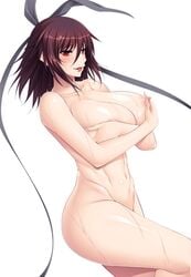 aoi_nagisa_(artist) areolae breast_hold breasts brown_hair female hair_ribbon huge_breasts lilith-soft looking_at_viewer maroon_hair milf mizuki_shiranui mother navel nipples nude official_art puffy_nipples red_eyes solo succubus taimanin_(series) taimanin_asagi_battle_arena taimanin_yukikaze tongue tongue_out wet white_background