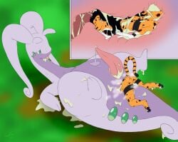 ambiguous_gender anal anal_vore animal_genitalia anthro anus bodily_fluids duo erection felid feline generation_6_pokemon genital_fluids genital_slit genitals goo_creature goodra head_first hi_res internal larger_pred leopard looking_pleasured lying male male/ambiguous mammal nintendo on_back on_model pantherine penis pokemon pokemon_(species) precum ranthfox size_difference slime tail tapering_penis thick_tail tongue tongue_out vore