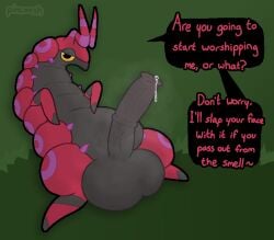 animal_genitalia animal_penis balls big_balls big_penis bodily_fluids dialogue digital_media_(artwork) dirty_talk english_text equine_genitalia equine_penis feral generation_5_pokemon genital_fluids genitals half-erect hi_res leaking_precum looking_at_viewer lying male medial_ring musk musk_clouds musky_penis nintendo on_back penis pincoosh pokemon pokemon_(species) precum presenting presenting_penis quadruped requesting scolipede signature smelly solo speech_bubble talking_to_viewer text yellow_sclera