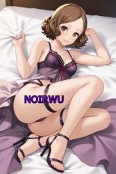 ai_generated black_high_heels brown_hair feet haru_okumura high_heels highres lingerie lying_on_bed medium_breasts medium_hair noirwu on_bed persona_5 purple_lingerie sexy smile toes