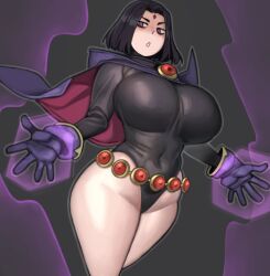 1girls breasts cloak clothing curvy dc dc_comics female female_only goth grey_skin handwear hi_res hourglass_figure huge_breasts kelvin_hiu latex leotard looking_at_viewer purple_eyes purple_hair rachel_roth raven_(dc) short_hair solo superheroine teen_titans thick_thighs thighs wide_hips