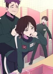 1girls 2boys bathroom brown_eyes brown_hair cuck cuckold drooling eyes_rolling_back fashik female fully_clothed kim_jun-hee leaning_forward lee_myung-gi male medium_breasts on_counter purple_hair shocked shoulder_length_hair sink smug smug_face squid_game squid_game_2 straight thanos_(squid_game) thick_thighs tight_clothing wide_hips wiping_mouth
