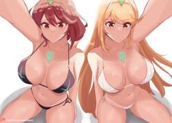 2girls absurdres arm_up armpit_crease bare_shoulders bikini black_bikini blonde_hair breasts breasts_apart chest_jewel dayman daymandraws earrings floating_earrings gem hair_ornament headpiece highres jewelry large_breasts long_hair multiple_girls mythra mythra_(xenoblade) navel necklace pyra pyra_(xenoblade) red_eyes red_hair selfie short_hair shorts side-tie_bikini_bottom single_earring smile stoic_seraphim swept_bangs swimsuit tiara twitter_username very_long_hair white_background white_bikini xenoblade_chronicles_(series) xenoblade_chronicles_2 yellow_eyes