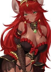 aliciaxlife breasts dark-skinned_female dark_skin female gold_jewelry green_eyes jewelry looking_at_viewer mouse mouse_ears mouse_girl queen rat rat_girl rat_tail red_hair solo solo_female virtual_youtuber vtuber youtuber