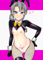 1girls animal_ears black_triangle_(artist) blue_eyes blush bodysuit bow bowtie breasts bunny_ears cameltoe cleft_of_venus corruption crotchless_clothes female fishnets grey_hair hand_on_hip heart highres kantai_collection looking_at_viewer magic_tattoo meme meme_attire navel nipples nowaki_(kantai_collection) pubic_tattoo pussy revealing_clothes reverse_bunnysuit side_ponytail sidelocks simple_background small_breasts solo tattoo thighhighs wide_hips wrist_cuffs