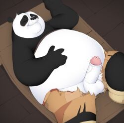 anthro bear belly big_penis bodily_fluids bottomwear clothing dreamworks erection genital_fluids genitals giant_panda hi_res hypnokoo kung_fu_panda male male_only mammal master_po_ping overweight overweight_male penis precum sleeping smile solo torn_bottomwear torn_clothing