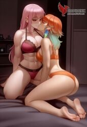 2d 2girls abs ai_generated all_fours ass barefoot big_ass big_breasts bra completely erophoenix feet female female_focus hololive hololive_english hololive_myth jewelry kissing kissing kneeling large_breasts long_hair mori_calliope multiple_girls naked nipples nude orange_hair pale_skinned_female panties patreon_username pink_eyes pink_hair pussy side_braid soles sweat sweating takanashi_kiara take_your_pick thick_thighs thighs toes underwear virtual_youtuber yuri yuri