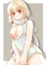 ahoge arcueid_brunestud blonde_hair blush breasts cleavage cleavage_cutout clothing_cutout covering_privates embarrassed female highres huge_breasts large_breasts meme_attire pout pulling_own_clothes red_eyes shimotsukishin short_hair spread_legs sweater thighs tsukihime tsukihime_(remake) turtleneck turtleneck_sweater virgin_killer_sweater