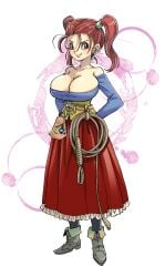 arms_behind_back bare_shoulders blue_shirt boots breasts cleavage corset dragon_quest dragon_quest_viii dress earrings eyelashes female full_body highres huge_breasts jessica_albert jewelry light_blush long_skirt long_sleeves looking_at_viewer low_neckline muramasa_mikado off-shoulder_shirt off_shoulder official_style orange_hair pantyhose purple_shirt red_eyes red_skirt sack shirt skirt smile solo sphere_earrings standing strapless strapless_dress twintails whip white_background