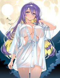 1girls ai_generated blonde_hair blush earrings hololive hololive_indonesia huge_breasts light_censor long_hair moon moona_hoshinova naked_shirt night no_panties purple_eyes purple_hair see-through_clothing see-through_shirt virtual_youtuber yellow_eyes