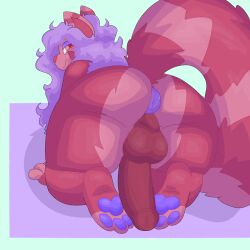 1:1 anthro anus ass balls big_butt big_penis big_tail eljardindeluna feet foot_focus genitals gynomorph hair hi_res intersex kneeling looking_at_viewer looking_back markings penis presenting presenting_anus presenting_hindquarters puffy_anus purple_anus purple_hair red_body solo striped_markings striped_tail stripes tail tail_markings wavy_hair